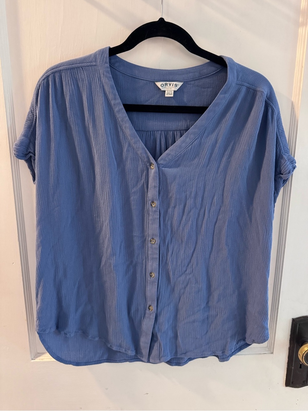 Orvis Women's Blue Button-Down V-Neck Short-Sleeve Top Size Small